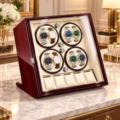Écrin Oblique Bois rouge / Crème, 8 montres, 5 rangements et quatre boutons argentés en relief — vue secondaire