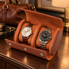 Escale 2 montres cognac — ambiance premium