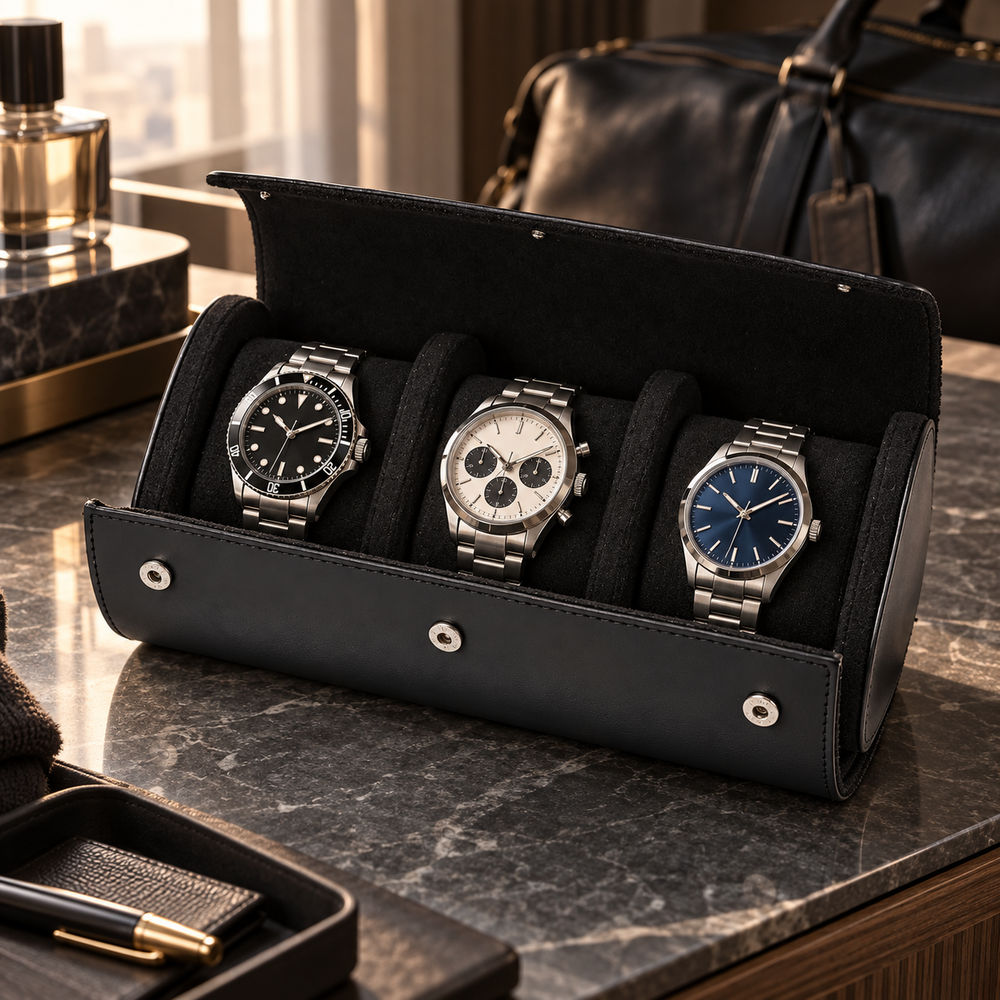 Escale 3 montres noir — ambiance premium